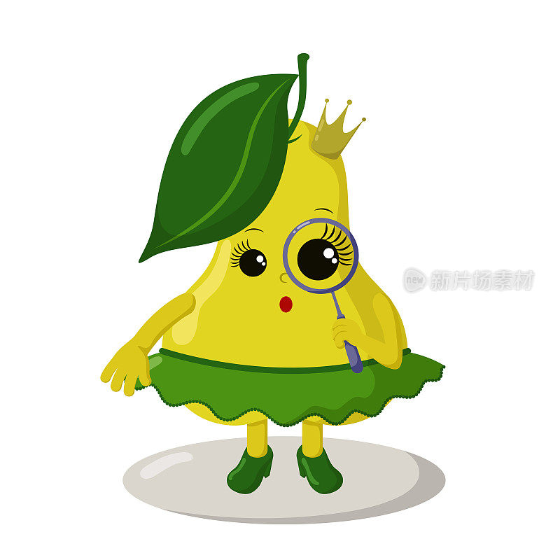 Cute surprised kawaii pear princess with magnifying glass, crown, skirt and high heels.